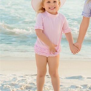 Ruffle Butts Baby Girls 3T Pink White Stripe 1/4 Sleeve Rash Guard Swimsuit EUC